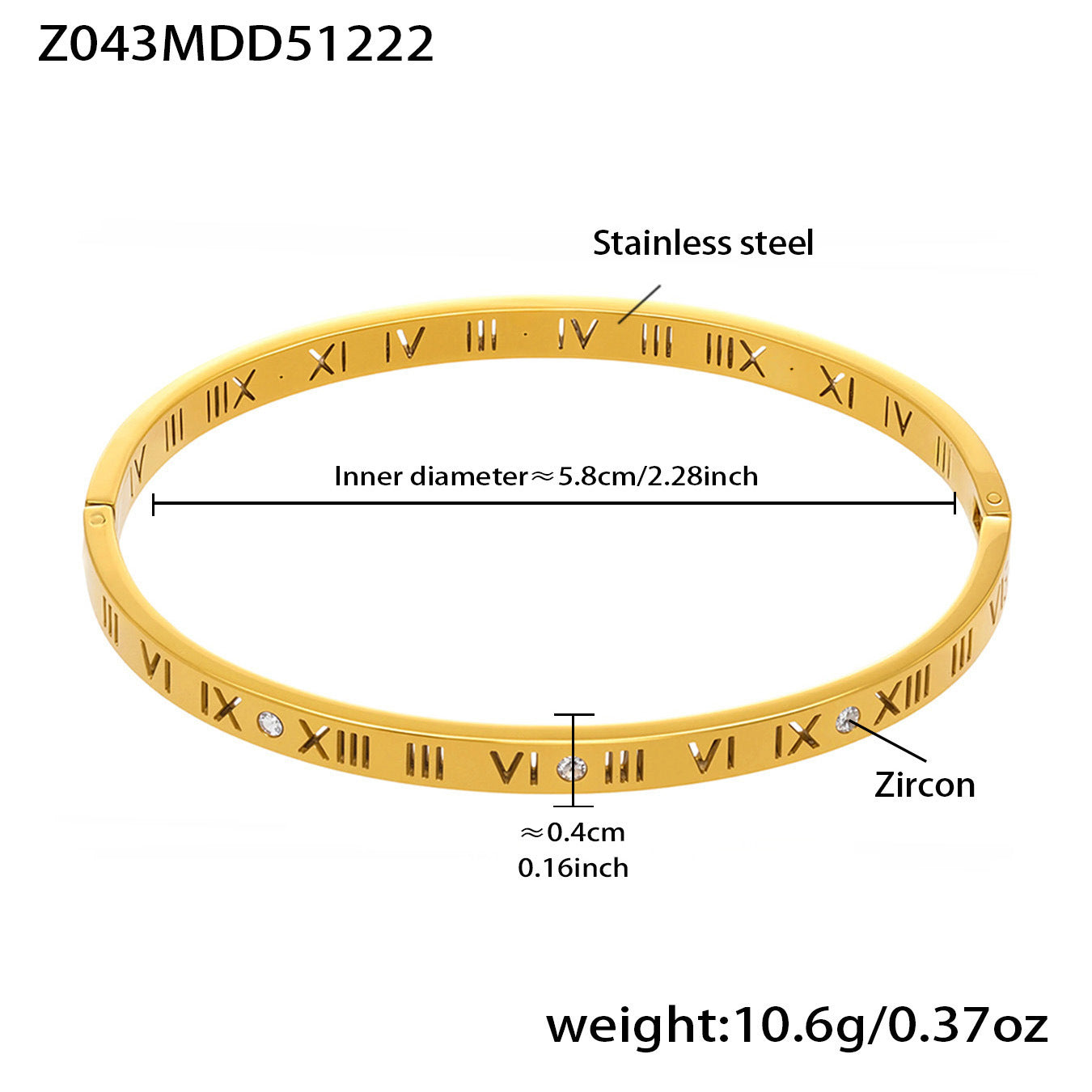 18k gold stainless steel roman numeral bangle (Z043MDD51222), inner diameter 5.8cm, weight 10.6g