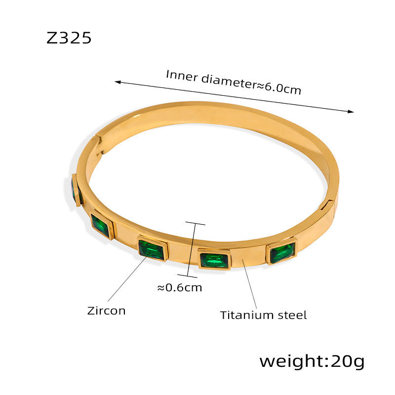 gold titanium steel green zircon bangle (Z325), inner diameter 6.0cm, weight 20g