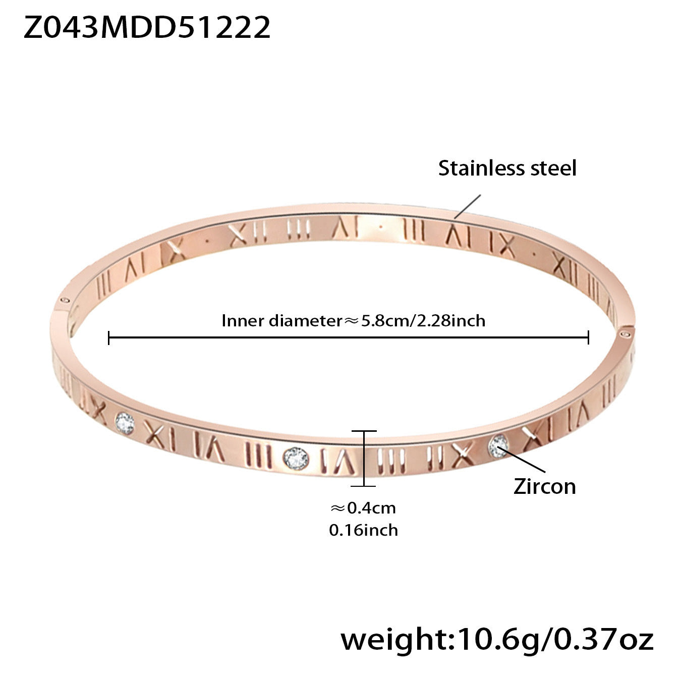 rose gold stainless steel roman numeral bangle (Z043MDD51222), inner diameter 5.8cm, weight 10.6g