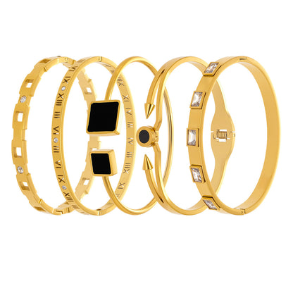 18k gold zircon stainless steel bangle set, white background display