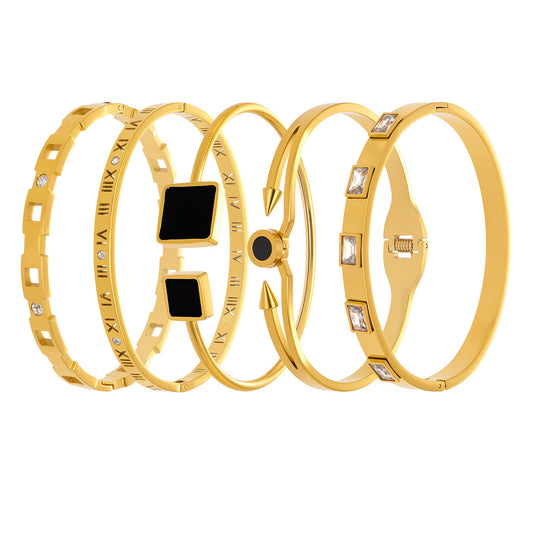 18k gold zircon stainless steel bangle set, white background display