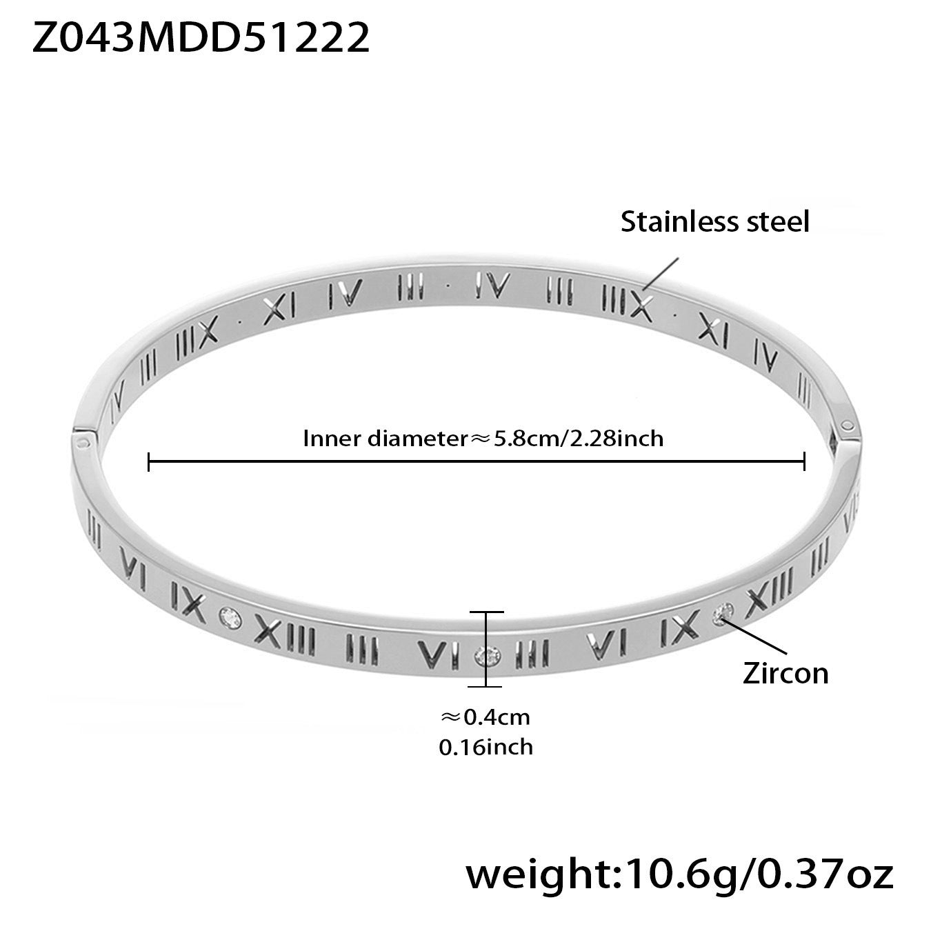 stainless steel roman numeral bangle (Z043MDD51222), inner diameter 5.8cm, weight 10.6g