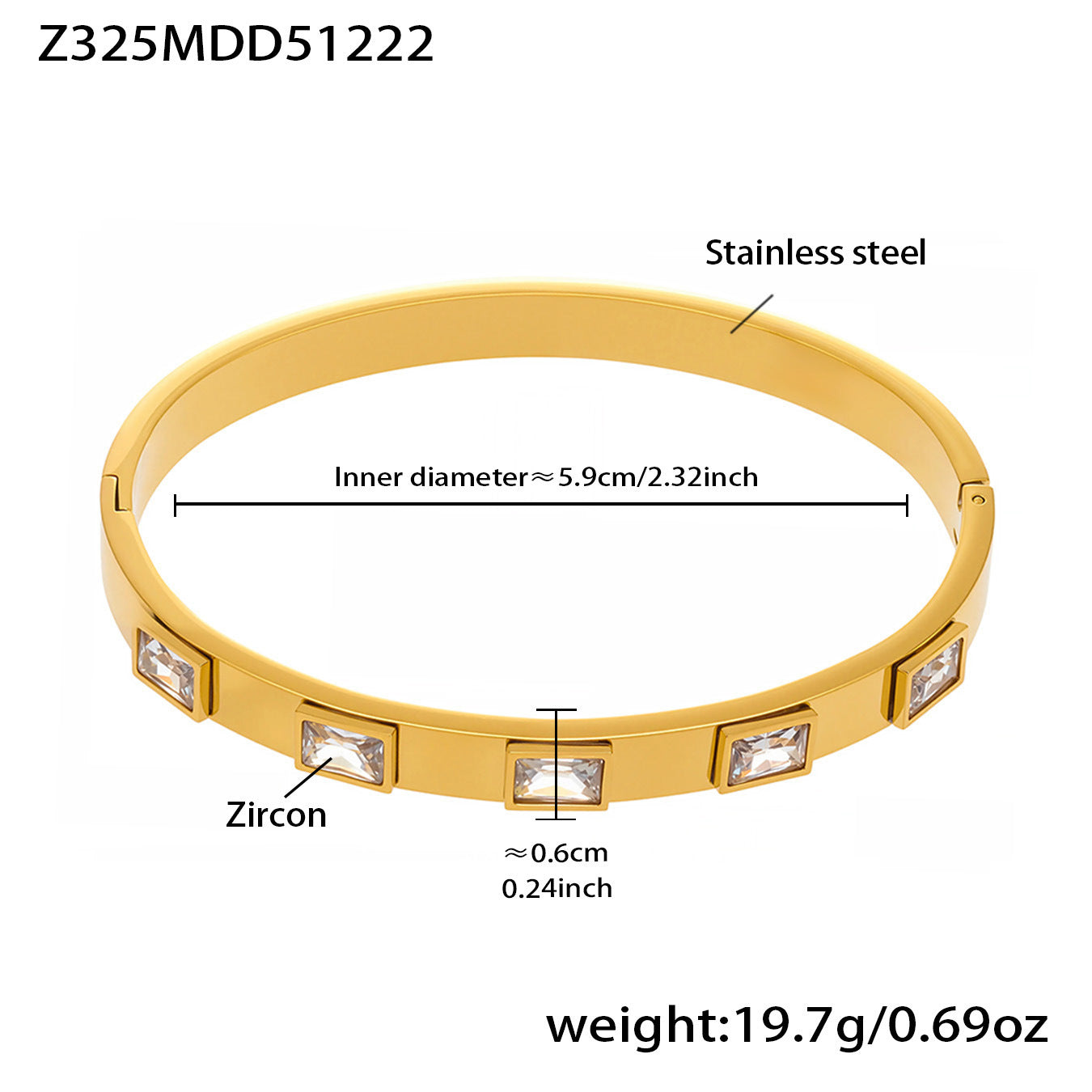 18k gold stainless steel white zircon bangle (Z325MDD51222), inner diameter 5.9cm, weight 19.7g