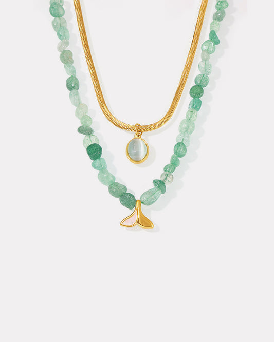 MiduoduoJewelry green beaded layered necklace with a gold chain, oval pendant and fan-shaped charm