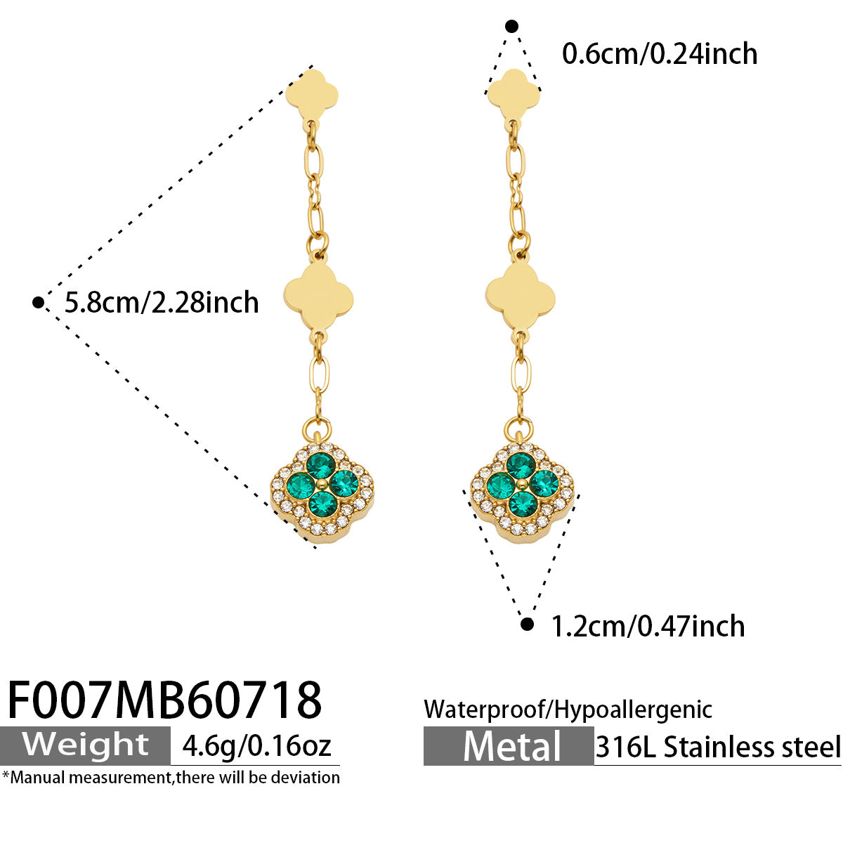 Product size details for green crystal clover drop earrings in gold