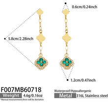 Product size details for green crystal clover drop earrings in gold