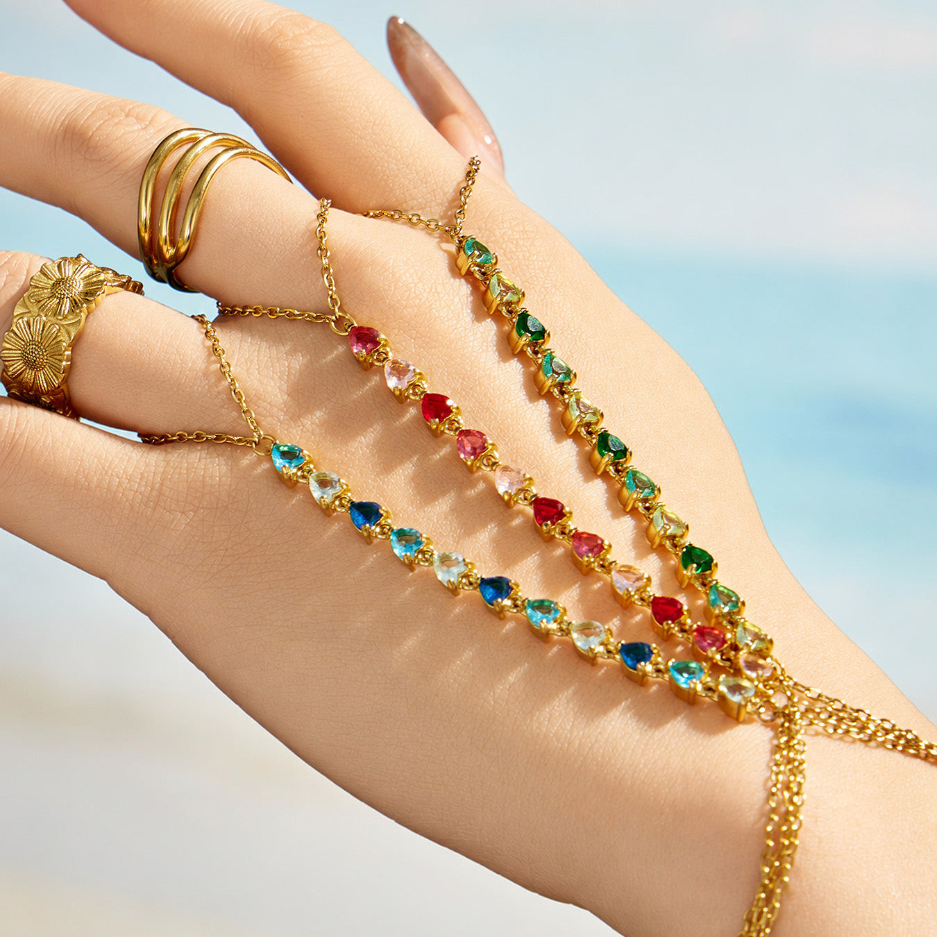 Green 5A cubic zirconia finger bracelet connected with a wrist chain