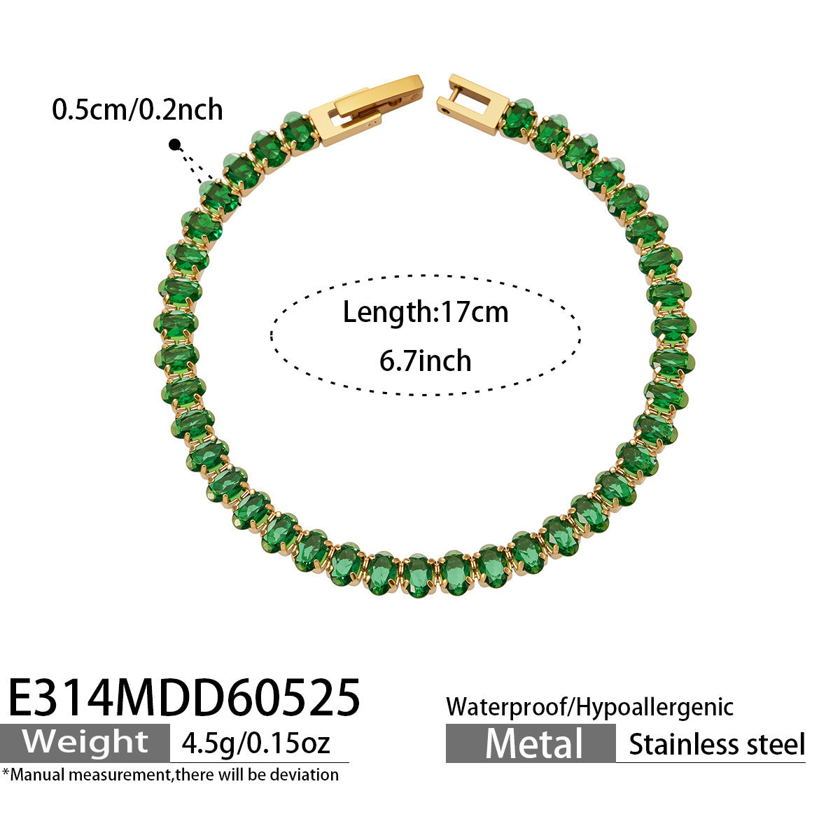 Green CZ tennis bracelet in 18K PVD gold stainless steel for boutiques and small wholesale jewelry buyers