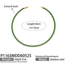 Green CZ tennis necklace in 316L stainless steel with 18K PVD gold finish for wholesale jewelry buyers