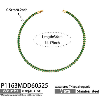 Green CZ tennis necklace in 316L stainless steel with 18K PVD gold finish for wholesale jewelry buyers