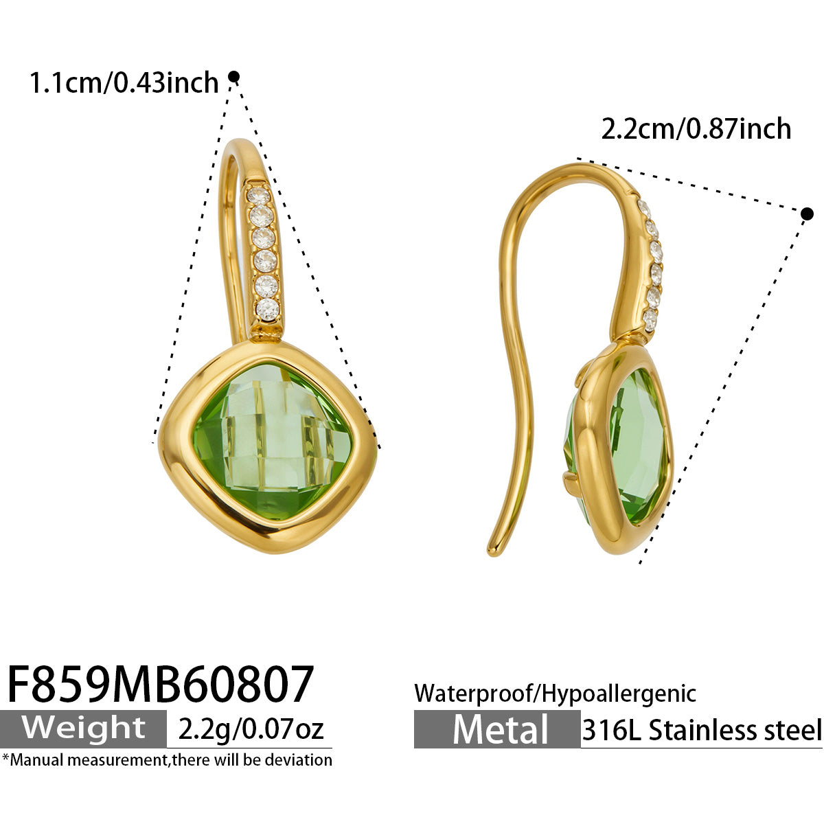 Green glass stone drop earrings size and product detail guide