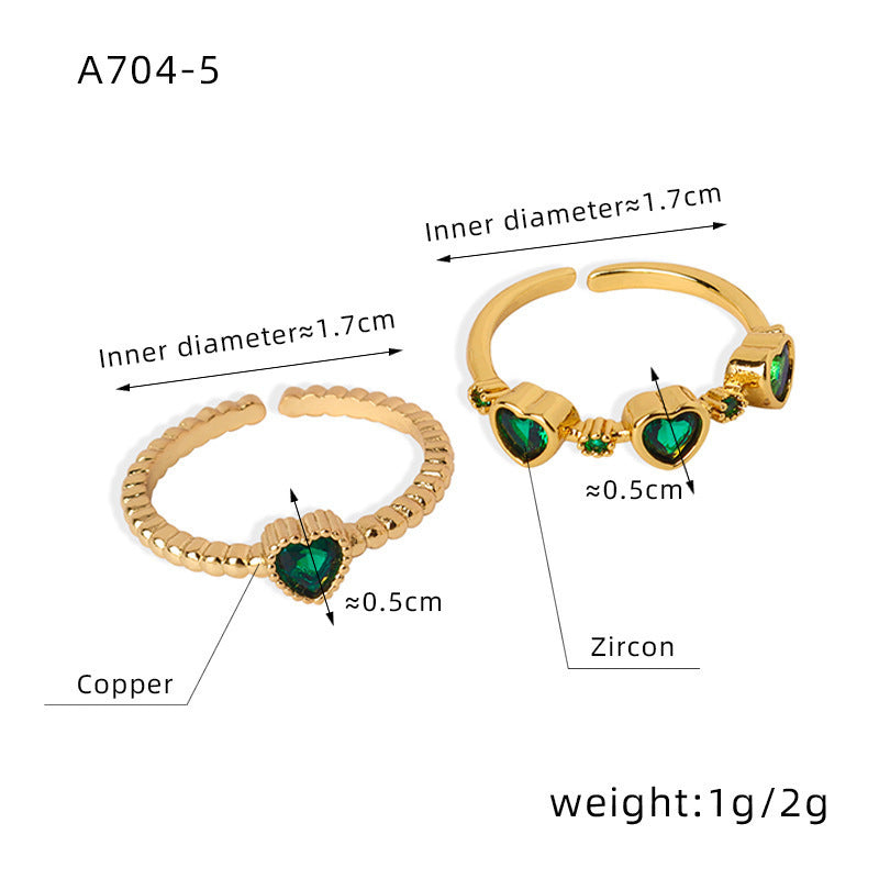 Comparison size guide for single-heart and multi-heart green zircon ring styles
