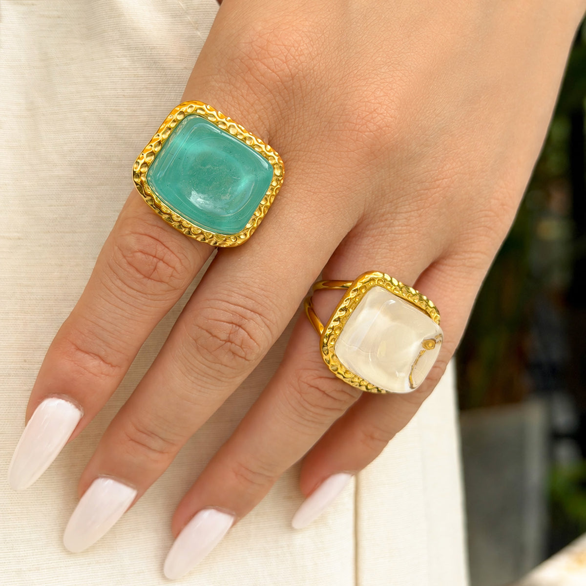 Green and ivory resin statement rings with gold-tone stainless steel bands