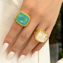 Green and ivory resin statement rings with gold-tone stainless steel bands