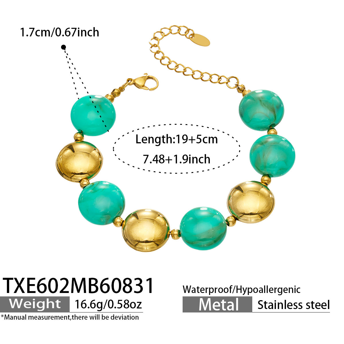 Green resin bead bracelet with gold-tone accents, product detail sheet with size and style information.