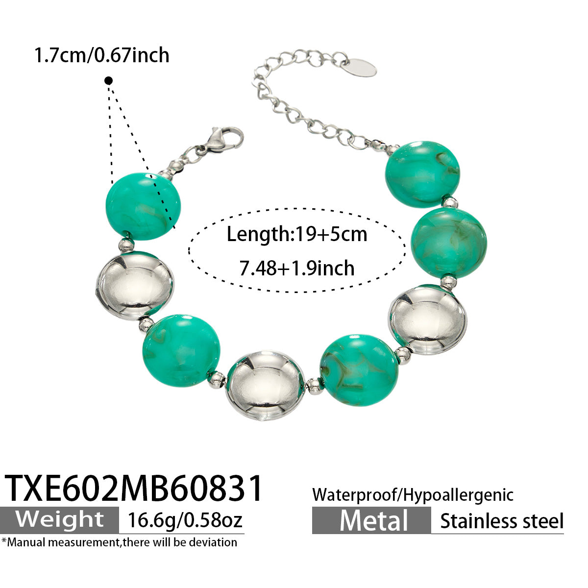 Green resin bead bracelet with steel-tone accents, product detail sheet with size and style information.