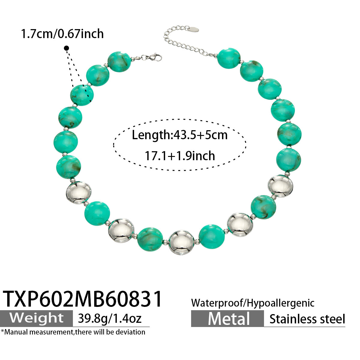 Green resin bead necklace with steel-tone accents, product detail sheet with size and style information.