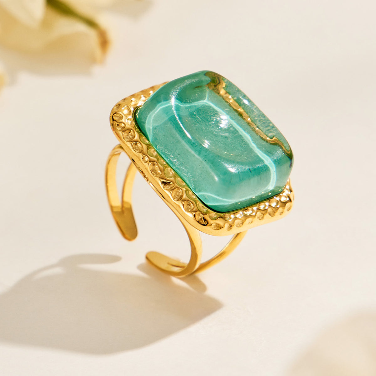 Green square resin ring with gold-tone stainless steel open band