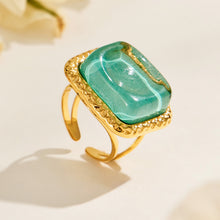 Green square resin ring with gold-tone stainless steel open band
