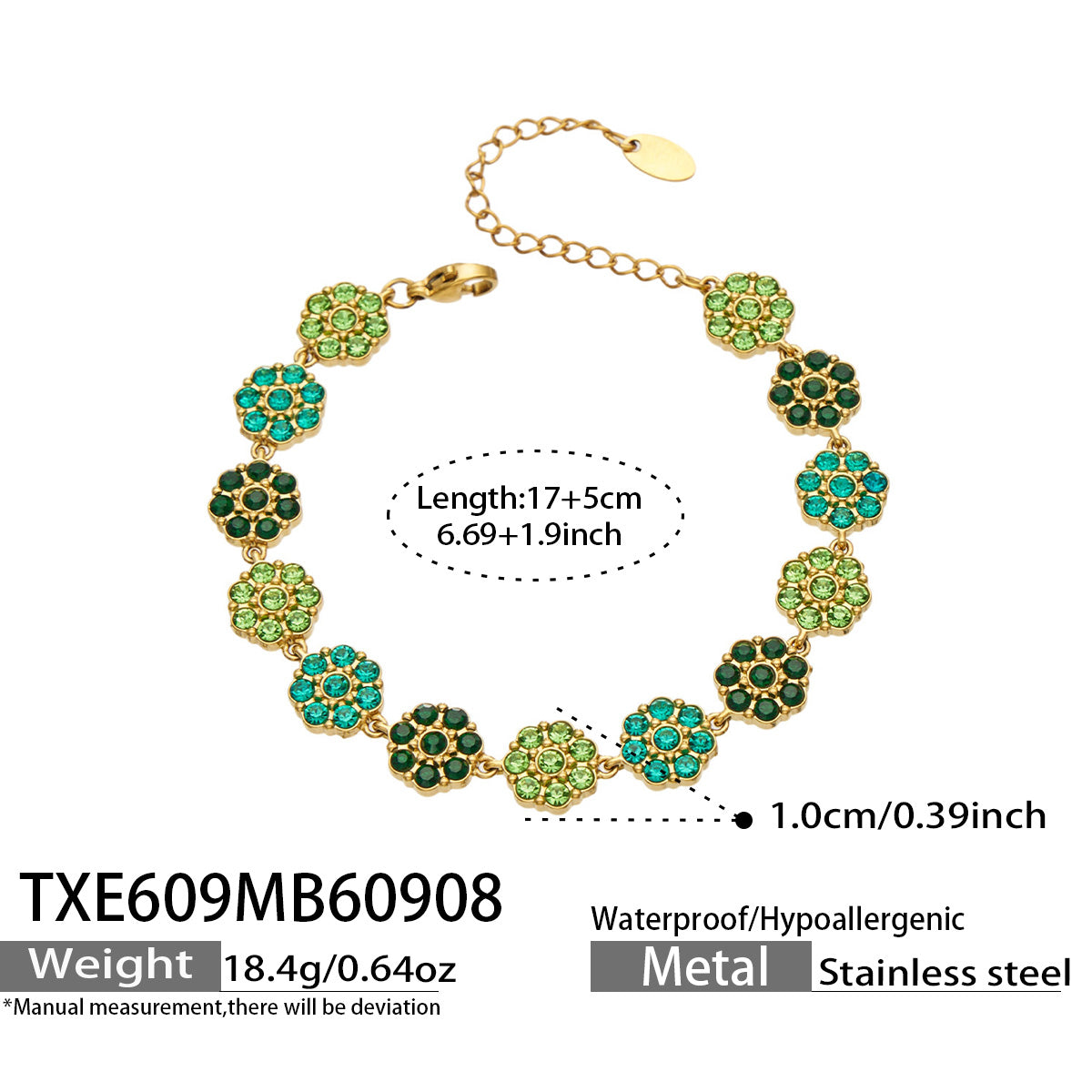 Green zircon flower bracelet size and weight details