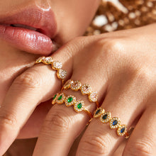 Model wearing colorful zircon ring with 18K PVD gold finish for women’s fashion jewelry styling