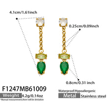 Dimension guide for green teardrop zirconia earrings showing the gold chain, upper stud and overall hanging length