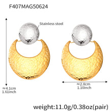 Product specifications for the two-tone gold and silver stainless steel hypoallergenic statement earrings.