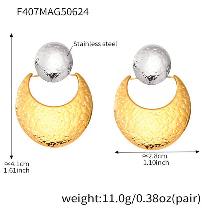 Two tone hammered stainless steel drop earrings in gold and silver finishes
