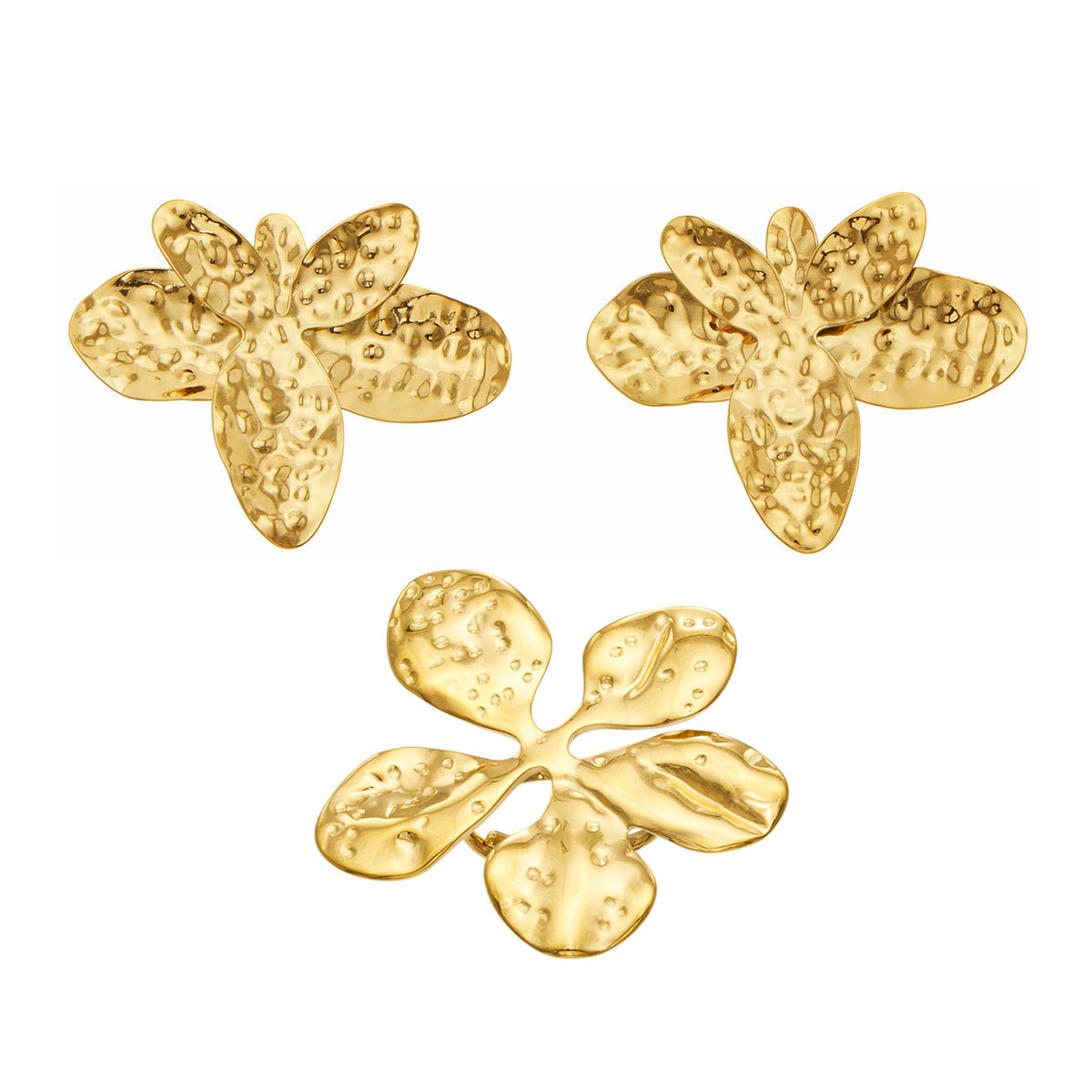 Hammered gold flower earrings and matching flower ring collection in stainless steel