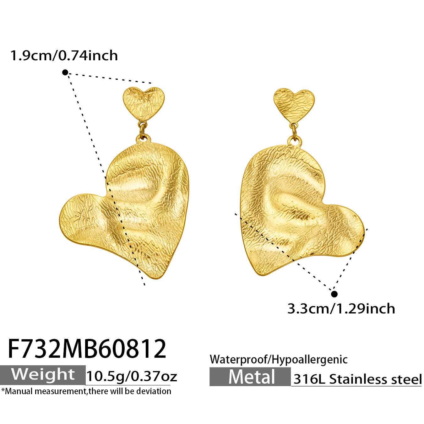 316L Stainless Steel 18K PVD Gold Hammered Heart Earrings made with 316L stainless steel and 18K PVD gold finish for wholesale jewelry buyers - image 6