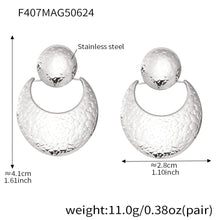 Length and weight dimensions of the silver color surgical steel hammered crescent drop earrings.