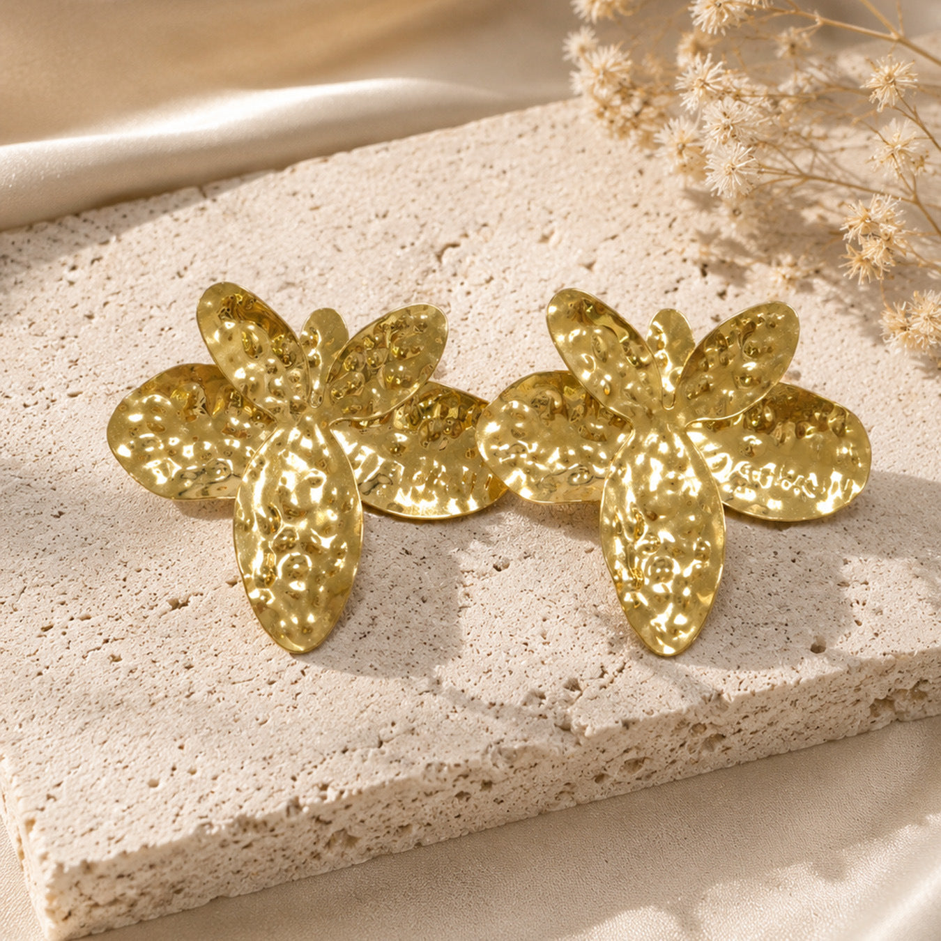 316L Stainless Steel 18K PVD Gold Hammered Flower Earrings made with 316L stainless steel and 18K PVD gold finish for wholesale jewelry buyers - image 7