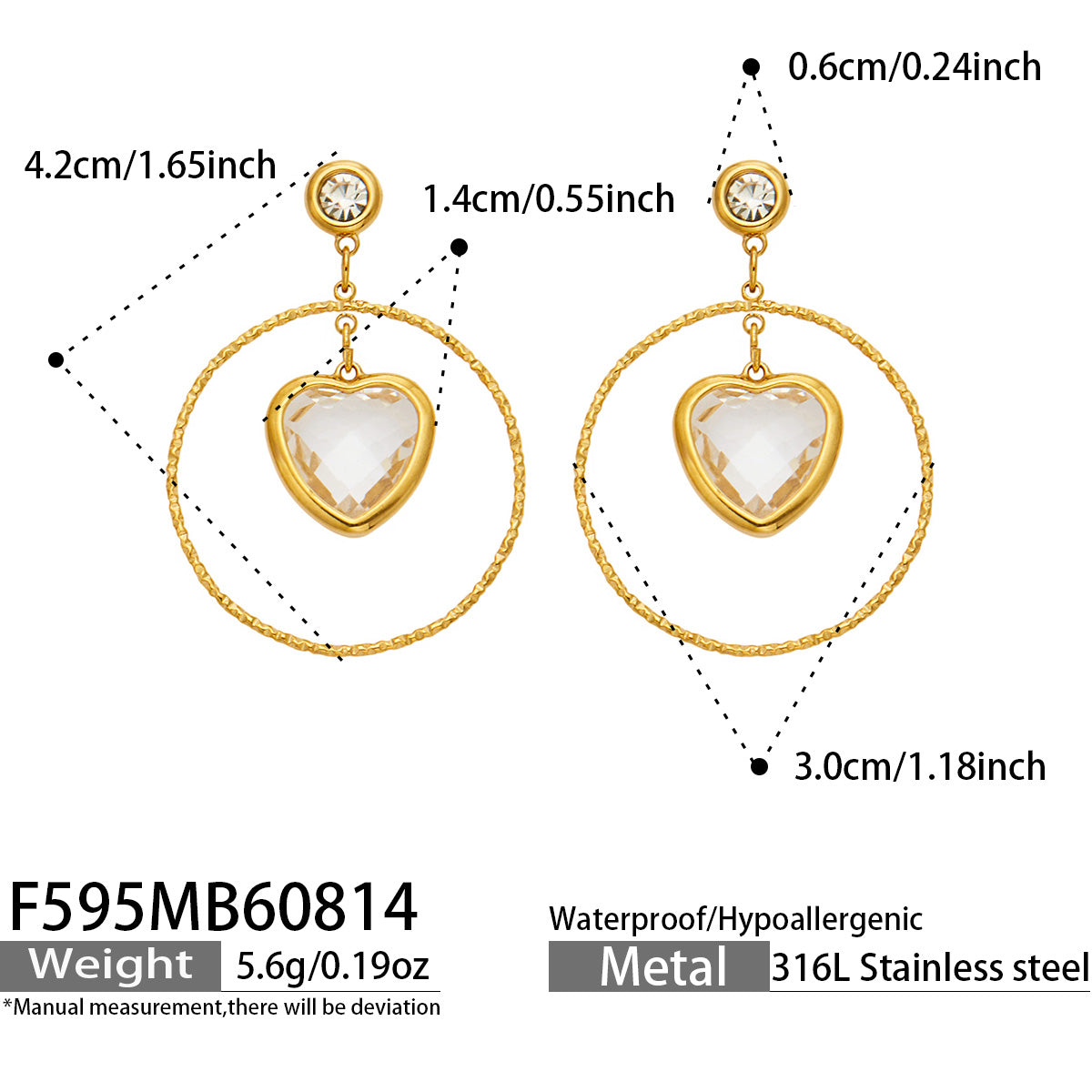 White Heart Earring in 316L Stainless Steel