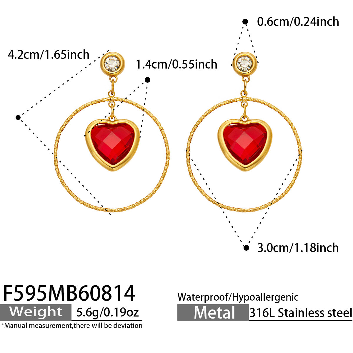 Red Heart Earring in 316L Stainless Steel