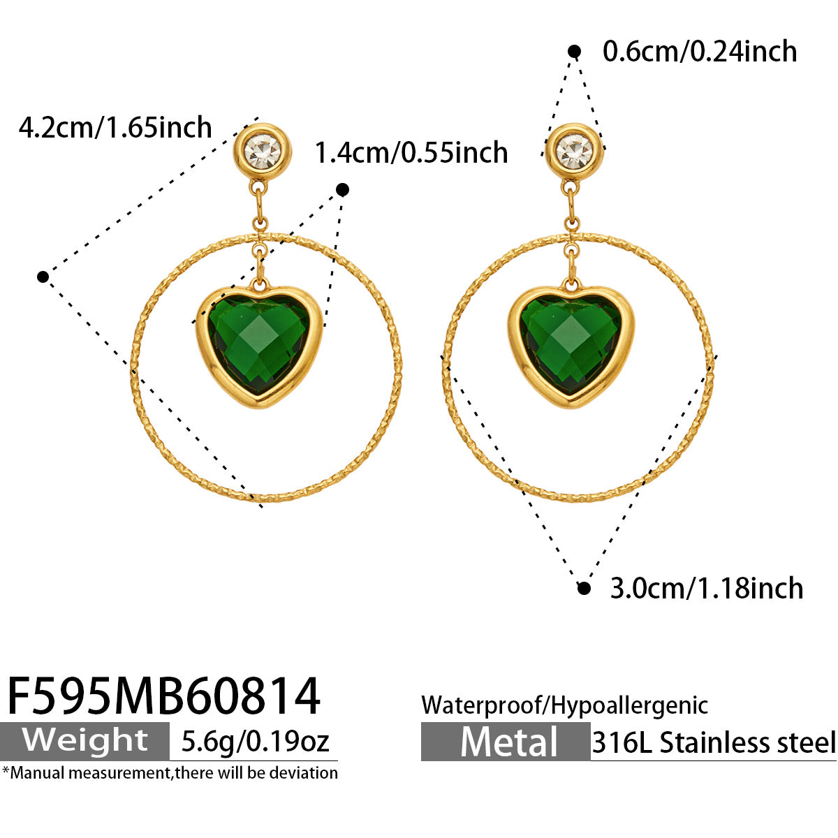 Green Heart Earring in 316L Stainless Steel