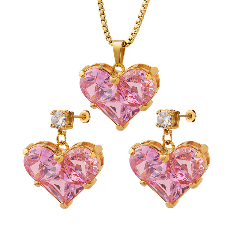 heart pendant necklace and earrings set in 316L stainless steel 18K PVD gold, wholesale romantic jewelry