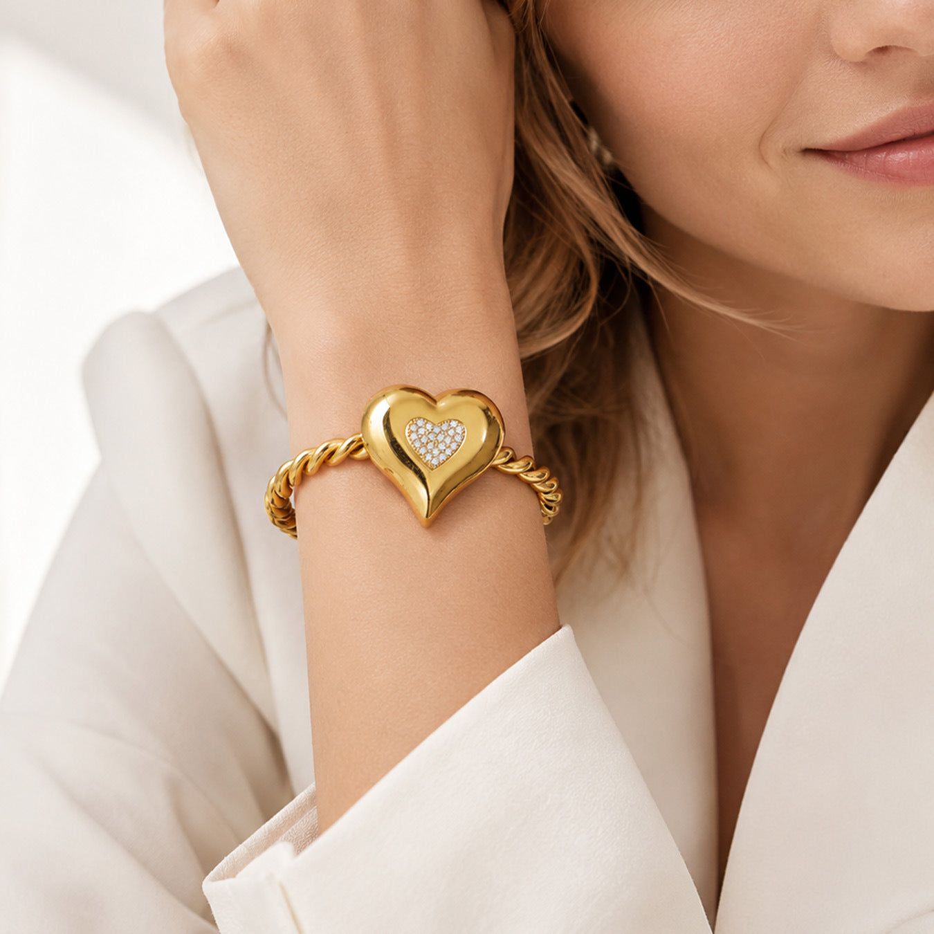 316L Stainless Steel 18K PVD Gold Heart Zircon Bangle made with 316L stainless steel and 18K PVD gold finish for wholesale jewelry buyers - image 13