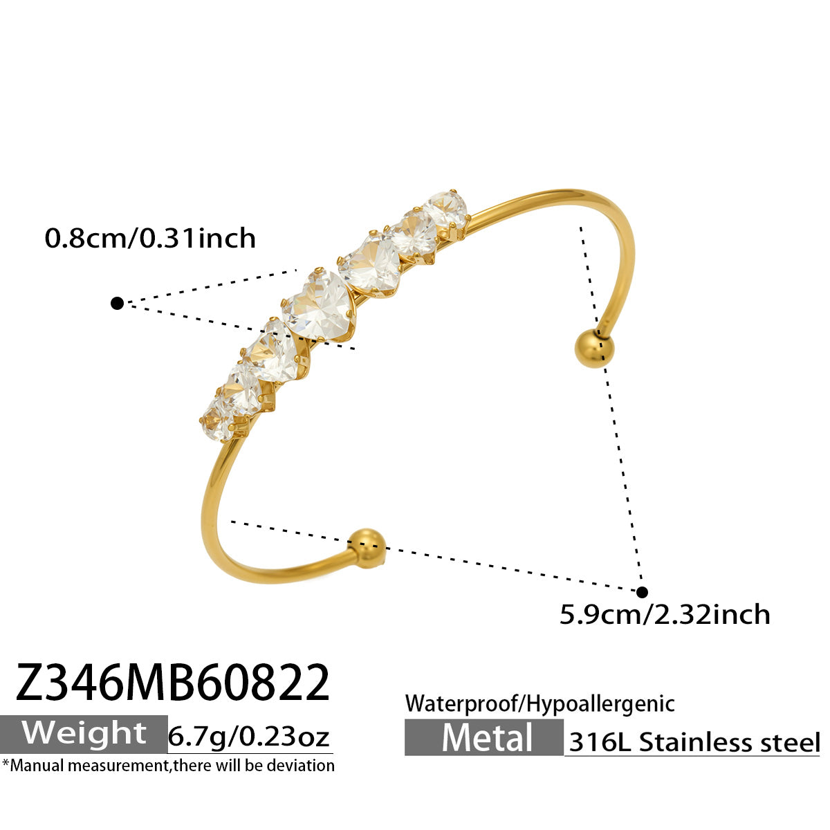 Elegant heart zircon bangle in gold