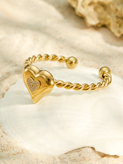 Stylish 316L Stainless Steel Heart Zircon Bangle - Gold Color