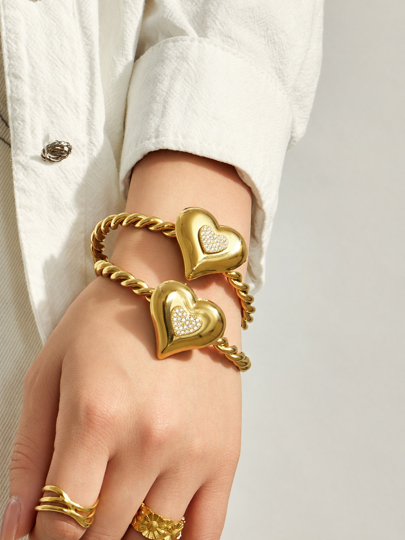 316L Stainless Steel 18K PVD Gold Heart Zircon Bangle made with 316L stainless steel and 18K PVD gold finish for wholesale jewelry buyers - image 6