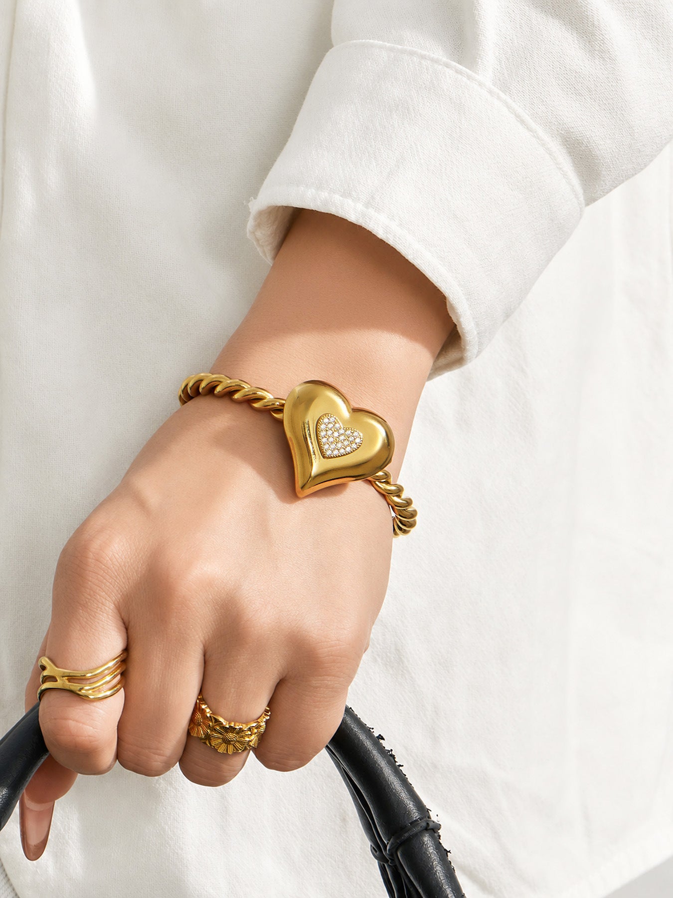 316L Stainless Steel 18K PVD Gold Heart Zircon Bangle made with 316L stainless steel and 18K PVD gold finish for wholesale jewelry buyers - image 7