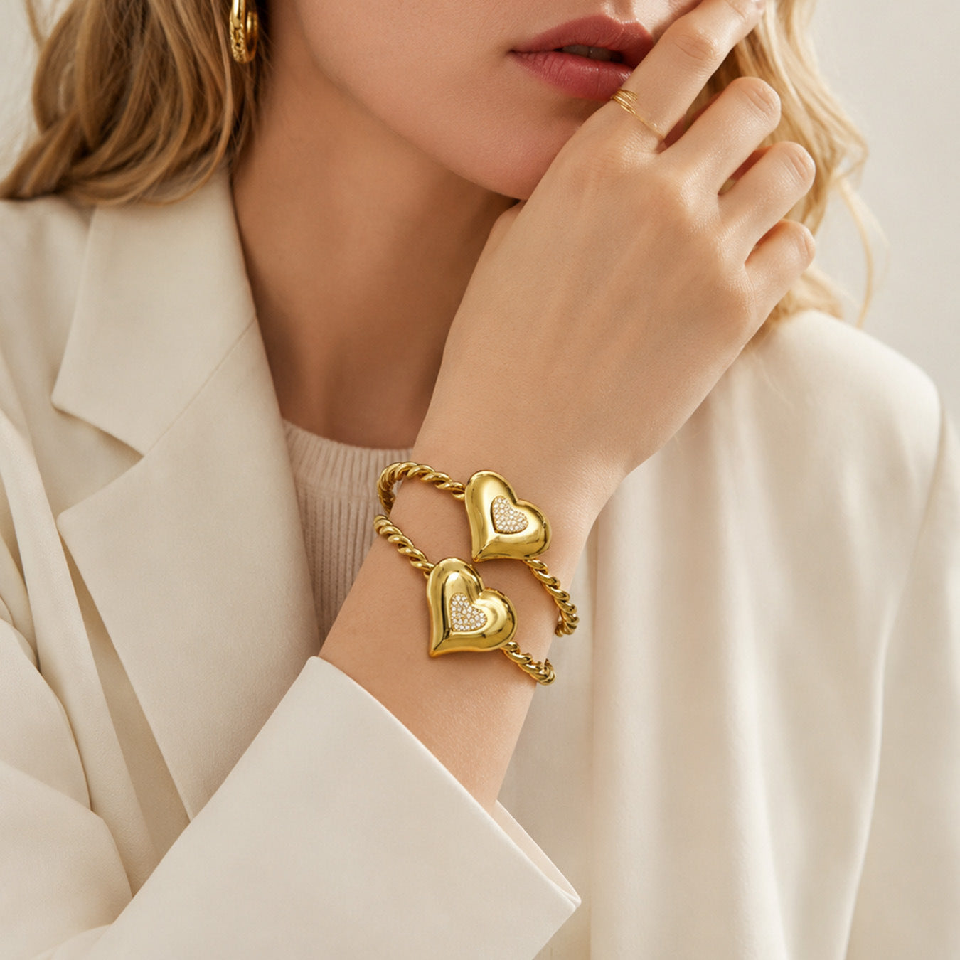 316L Stainless Steel 18K PVD Gold Heart Zircon Bangle made with 316L stainless steel and 18K PVD gold finish for wholesale jewelry buyers - image 8