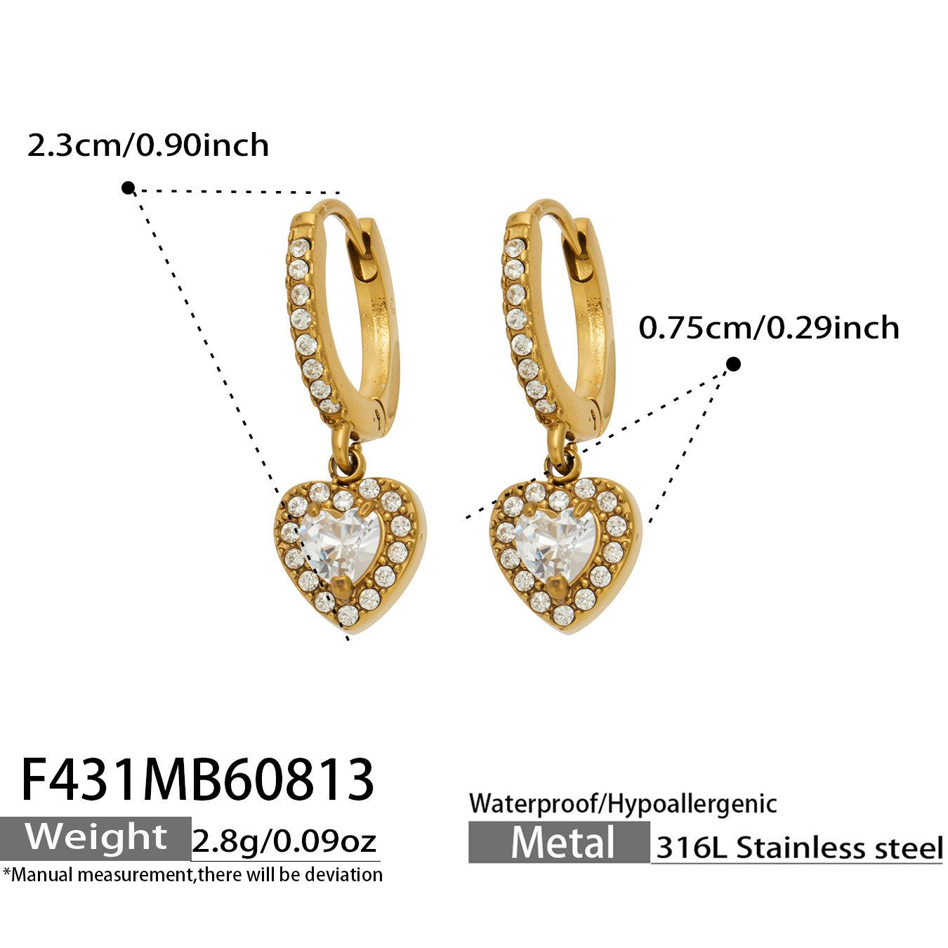 316L Stainless Steel 18K PVD Gold Heart Zircon Earrings made with 316L stainless steel and 18K PVD gold finish for wholesale jewelry buyers - image 3