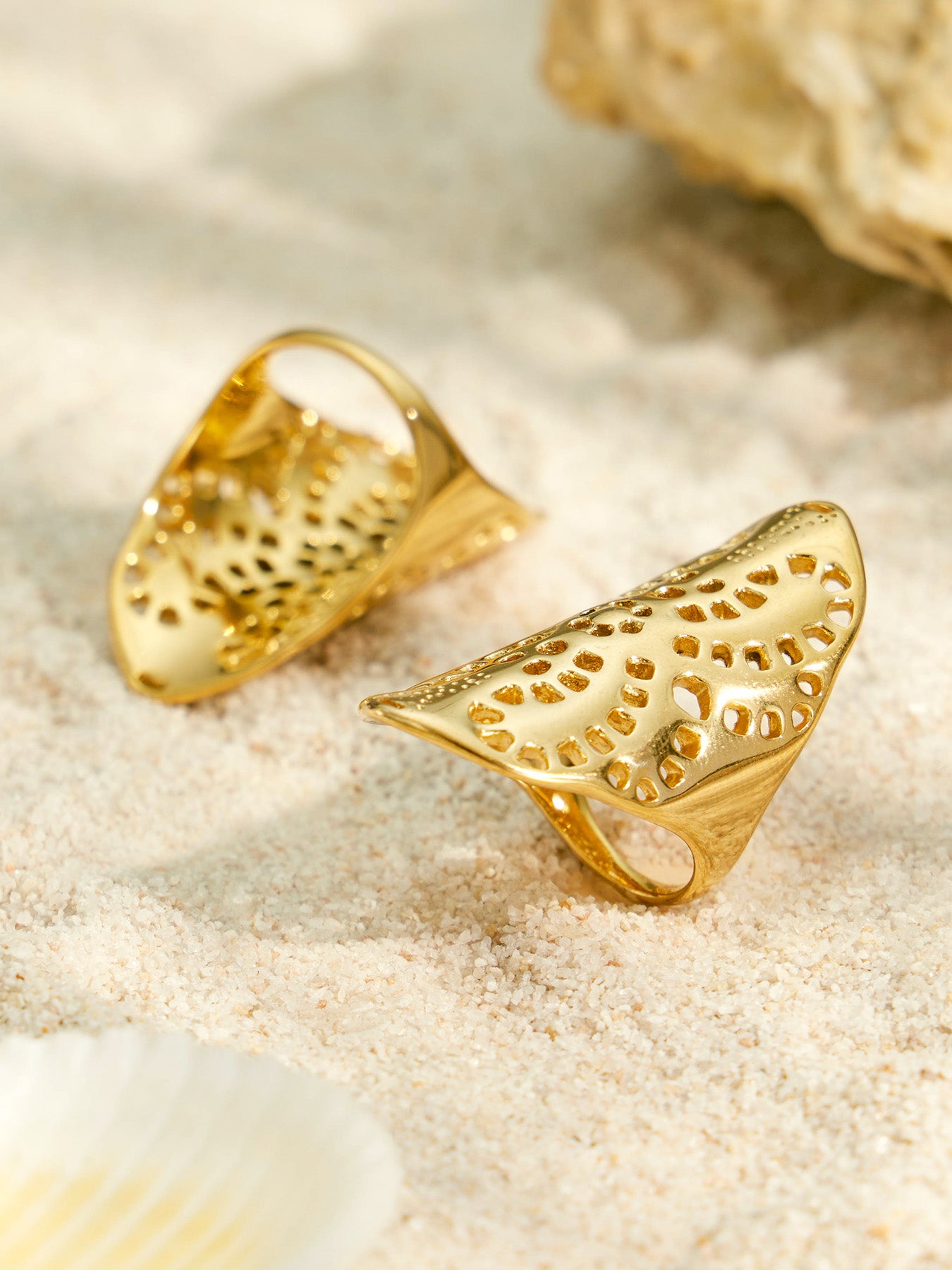 Close-up of design details on hollow flower ring