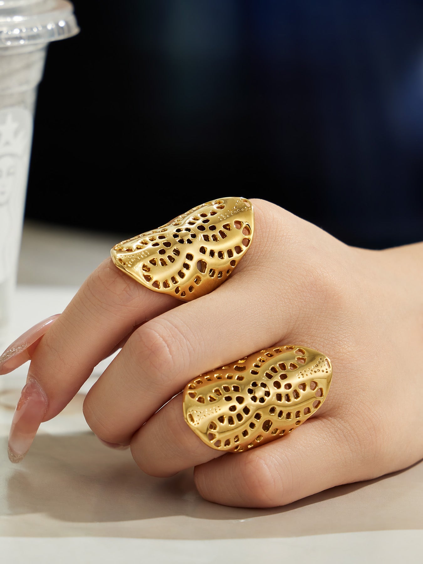 316L Stainless Steel 18K PVD Gold Hollow Flower Ring made with 316L stainless steel and 18K PVD gold finish for wholesale jewelry buyers - image 9