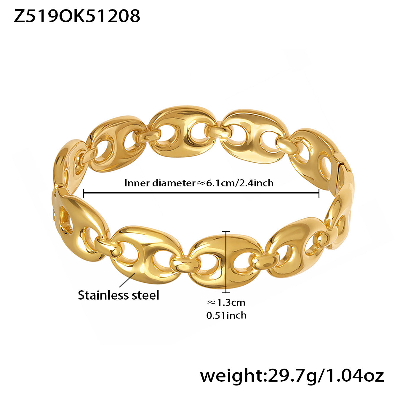 18k gold stainless steel hollow link open bangle, inner diameter 6.1cm, weight 29.7g
