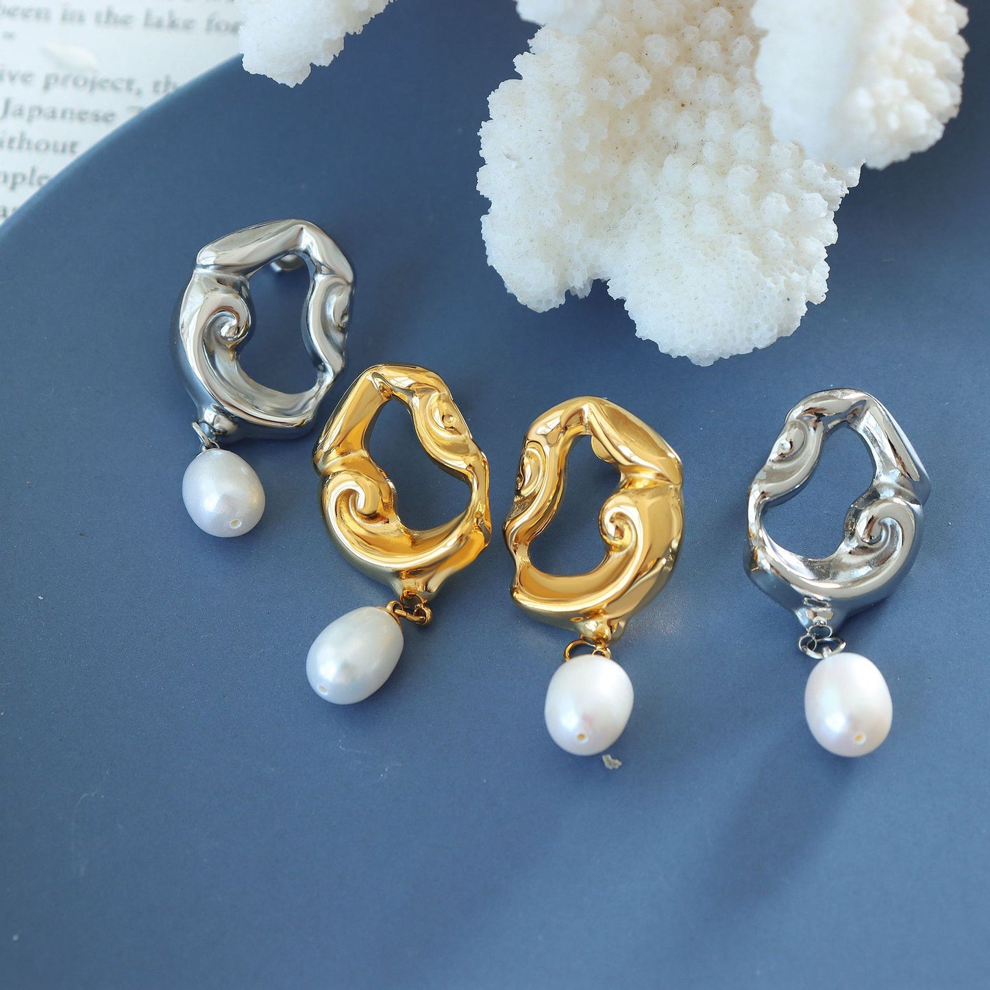 316L Stainless Steel 18K PVD Gold Irregular Lava Pearl Earrings made with 316L stainless steel and 18K PVD gold finish for wholesale jewelry buyers - image 3