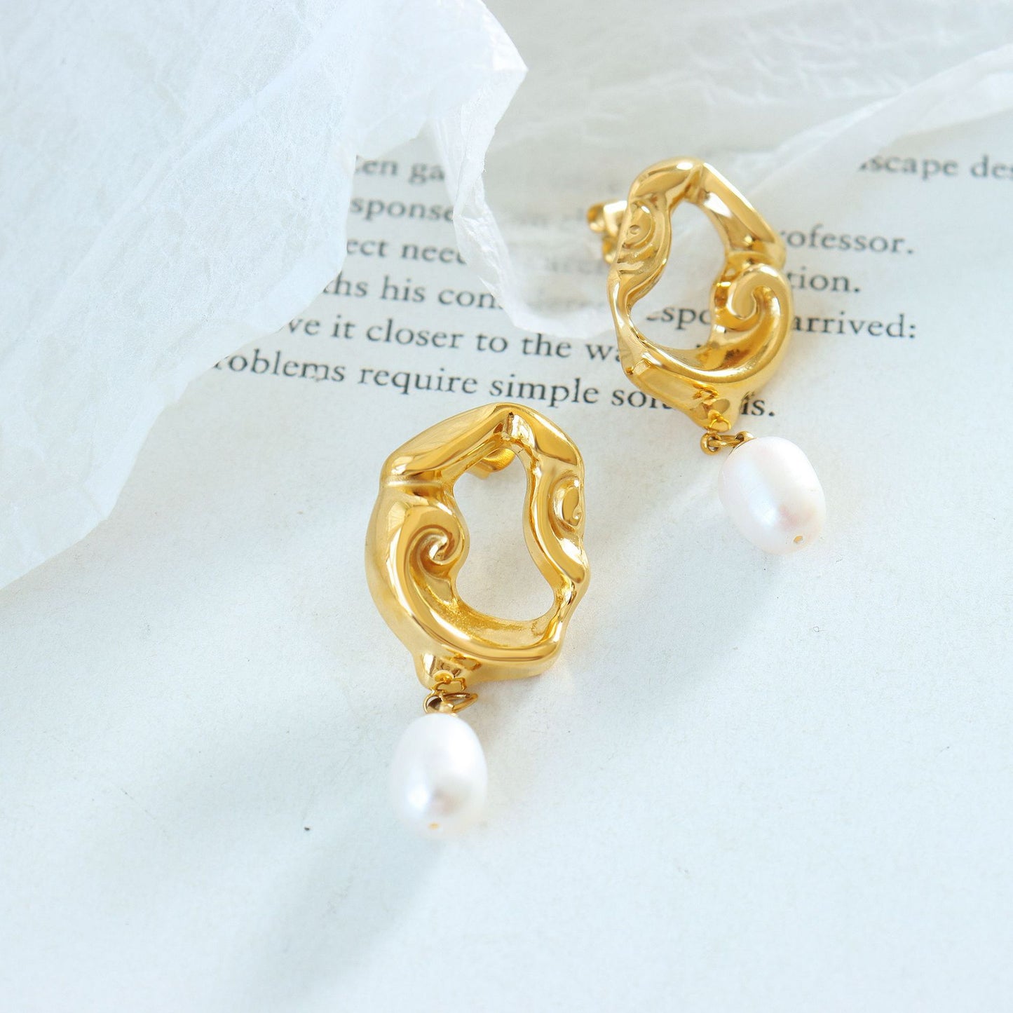 316L Stainless Steel 18K PVD Gold Irregular Lava Pearl Earrings made with 316L stainless steel and 18K PVD gold finish for wholesale jewelry buyers - image 6