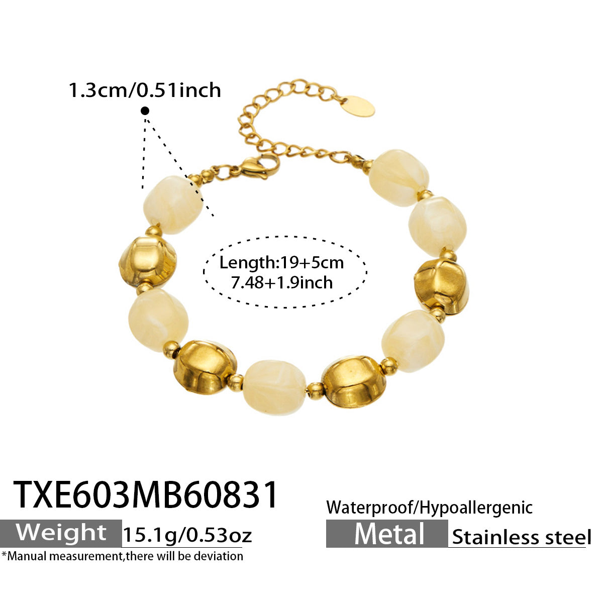 Specification card for an ivory resin bead bracelet with stainless steel accent beads.