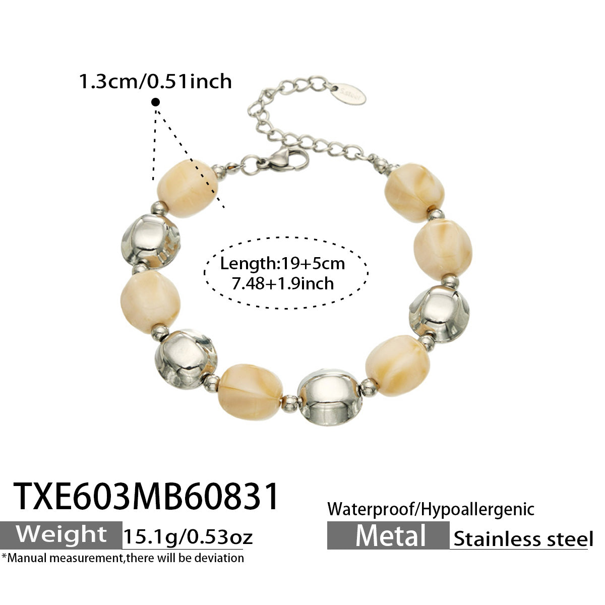 Specification card for an ivory resin bead bracelet with stainless steel accent beads.